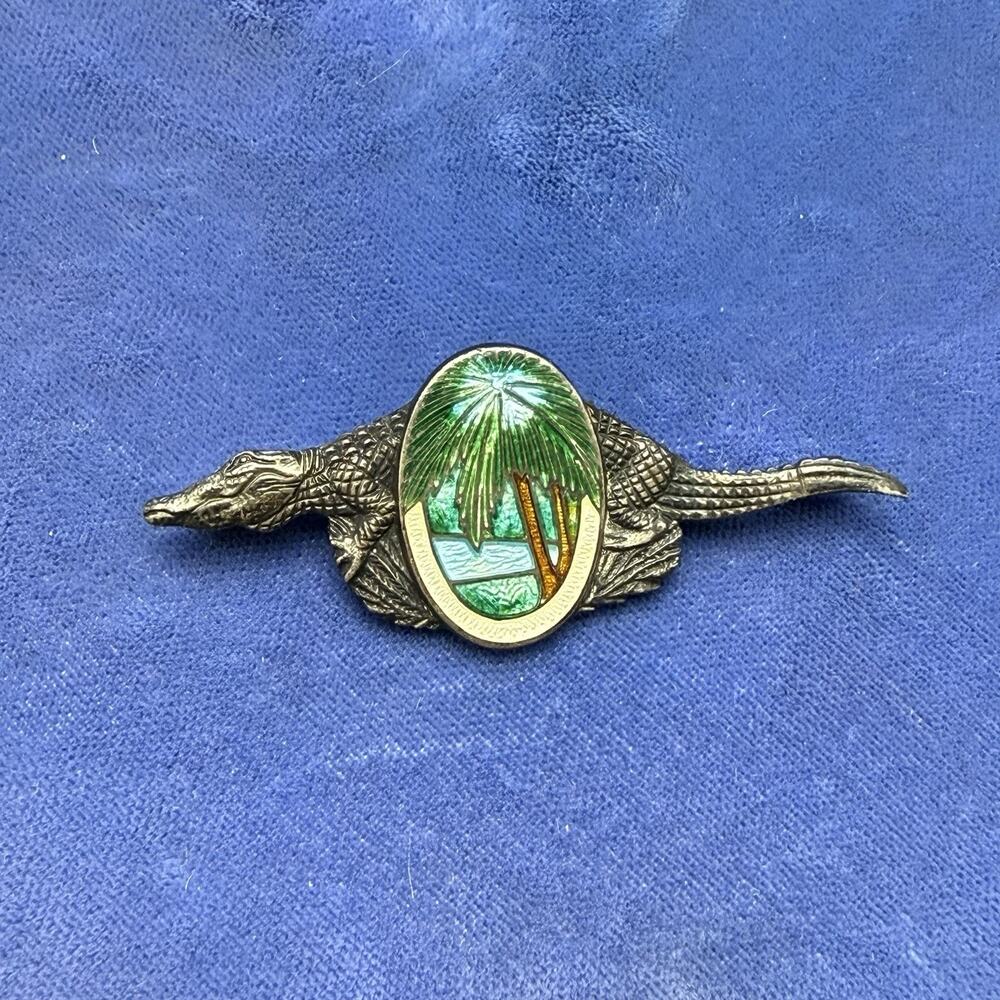 Vintage Florida Souvenir Pin Alligator Enamel Palm Tree Sterling Silver